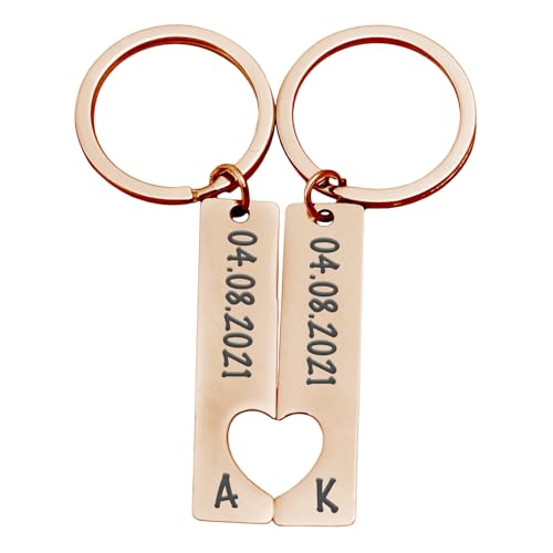 Partner Schlüsselanhänger Personalisiert | 2er Set mit Gravur Datum und Namen | Geschenk zum Jahrestag Valentinstag Geburtstag für ihn und sie | Anhänger mit Herz Männer und Frauen | Roségold von Geschenke 24