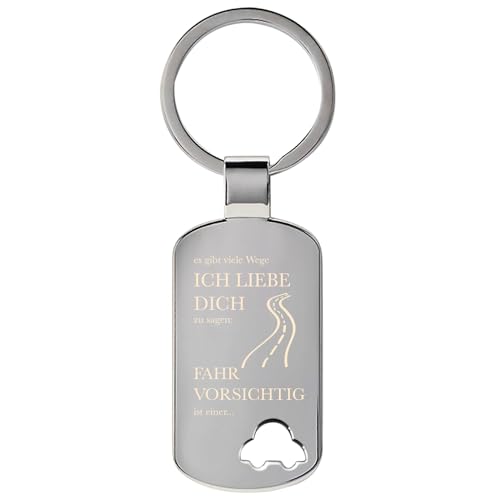 Personalisierter Schlüsselanhänger mit Gravur | Fahr Vorsichtig Ich liebe dich | Edelstahl mit Auto | Schlüsselanhänger Auto LKW Motorrad Bus | 8,3x2,9cm | Geschenke für Männer und Frauen von Geschenke 24