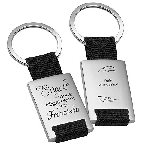 Schlüsselanhänger mit Gravur | Doppelseitige Gravur möglich | Schwarz | Engel ohne Flügel nennt man | Geschenke für Mütter zu Weihnachten | 8,5x3,5cm von Geschenke 24