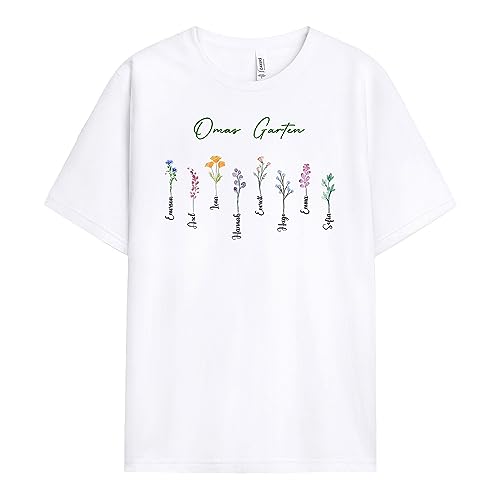 Geschenke Mall Personalisiertes Omas Garten, Mamas Garten T-Shirt - Personalisiertes Geschenk für Ihre Mutter oder Großmutter zum Muttertag, Weihnachten, Geburtstag (5 Kinder, Weißes) von Geschenke Mall
