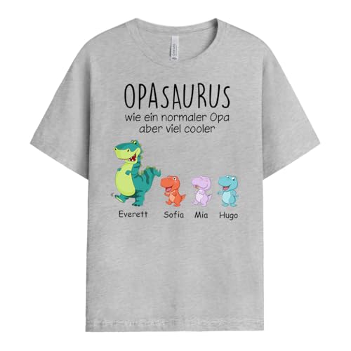 Geschenke Mall Personalisiertes Opas Omas Saurier Gang T-Shirt - Personalisierte Geschenke für Papa und Mama zu Weihnachten, Muttertag, Vatertag oder Geburtstag (2 Kinder, Modell #1) von Geschenke Mall