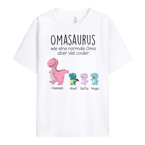 Geschenke Mall Personalisiertes Opas Omas Saurier Gang T-Shirt - Personalisierte Geschenke für Papa und Mama zu Weihnachten, Muttertag, Vatertag oder Geburtstag (4 Kinder, Modell #1) von Geschenke Mall