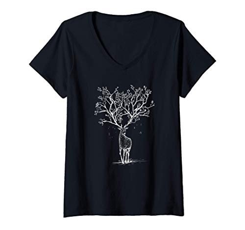 Damen Hirsch mit Baum Geweih Geschenk für Naturliebhaber T-Shirt mit V-Ausschnitt Damen Hirsch mit Baum Geweih Geschenk für Naturliebhaber T-Shirt mit V-Ausschnitt von Geschenke aus der Natur