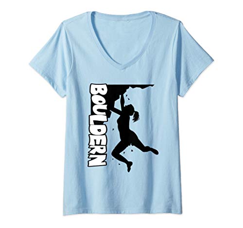 Damen Bouldern I Frau am Felsen T-Shirt mit V-Ausschnitt Damen Bouldern I Frau am Felsen T-Shirt mit V-Ausschnitt von Geschenke für Boulderer und Kletterer