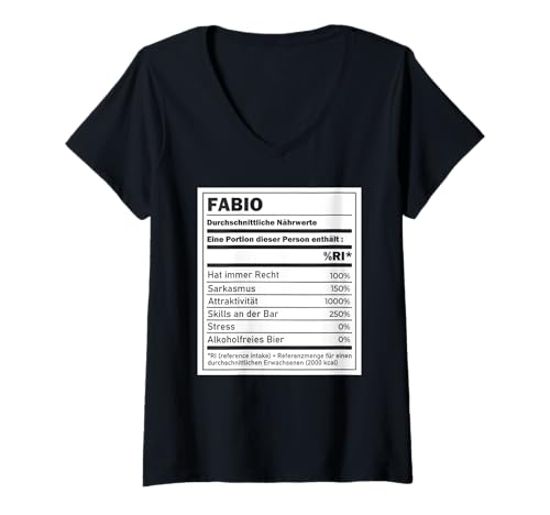 Damen Fabio Persönliches Saufshirt Nährwerttabelle Alkohol Bier T-Shirt mit V-Ausschnitt Damen Fabio Persönliches Saufshirt Nährwerttabelle Alkohol Bier T-Shirt mit V-Ausschnitt von Geschenke für Fabio