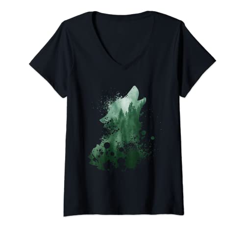Damen Tiermotiv Silhouette | Naturliebhaber | Wolfsilhouette Wolf T-Shirt mit V-Ausschnitt von Geschenke für Natur Umweltschutz | Tiersilhouetten