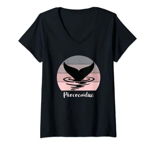 Damen Schweinswal Phocoenidae Walflosse Sonnenuntergang Taucherin T-Shirt mit V-Ausschnitt Damen Schweinswal Phocoenidae Walflosse Sonnenuntergang Taucherin T-Shirt mit V-Ausschnitt von Geschenke mit Wal für Schweinswal Fans & Liebhaber
