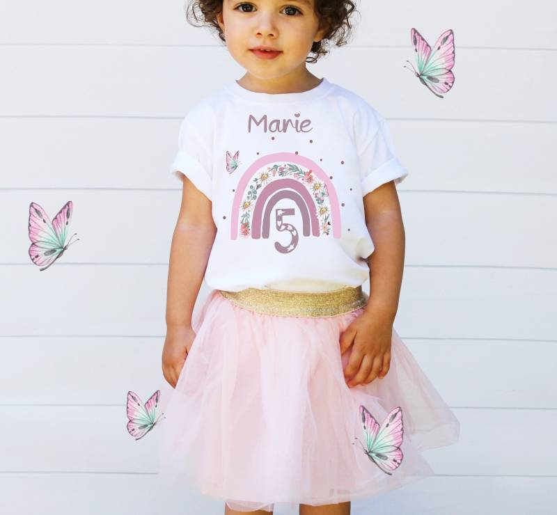 Schulkind T-Shirt Mit Regenbogen Mädchen/ Geburtstagsshirt Rosa Lila Blumen von Geschenkekastl