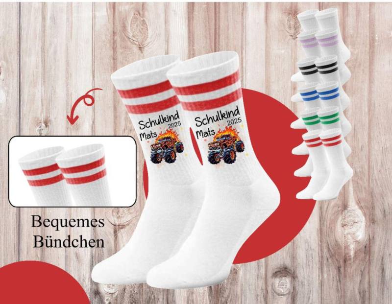 Personalisierte Kinder Socken Zur Einschulung Monstertruck Baumwoll-Kindersocken Mit Name Schulsocken Geschenk Größen 27-36 von Geschenkelaedchen