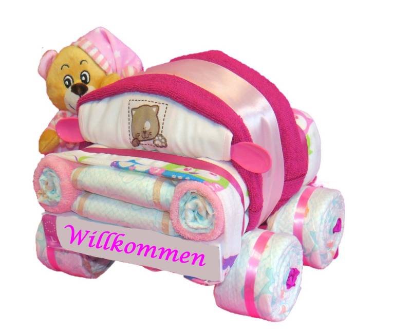 Geschenketorten-Gebhardt Windeln Windeltorte, Kleines Windelauto mit Schlafbär rosa, Windelgeschenk von Geschenketorten-Gebhardt