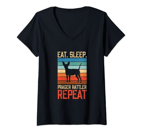 Damen Eat Sleep Prager Rattler Repeat Vintage Hund Hunde Pfote T-Shirt mit V-Ausschnitt von Geschenkidee Eat Sleep Prager Rattler Repeat