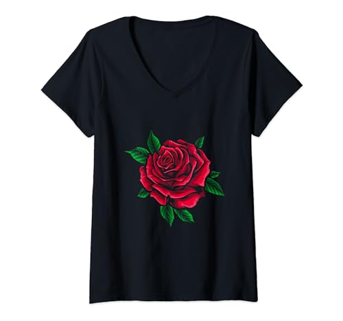Damen Rosen-Motiv Rote Rose Blumen Valentinstag Rosengewächs Blume T-Shirt mit V-Ausschnitt Damen Rosen-Motiv Rote Rose Blumen Valentinstag Rosengewächs Blume T-Shirt mit V-Ausschnitt von Geschenkidee Florist Rosenzüchter Blumenliebhaber