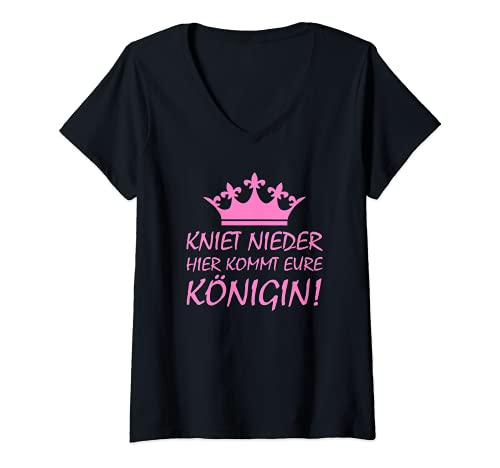 Damen Kniet nieder hier kommt eure Königin! Lustiger Spruch T-Shirt mit V-Ausschnitt Damen Kniet nieder hier kommt eure Königin! Lustiger Spruch T-Shirt mit V-Ausschnitt von Geschenkidee Freundin Frau Prinzessin