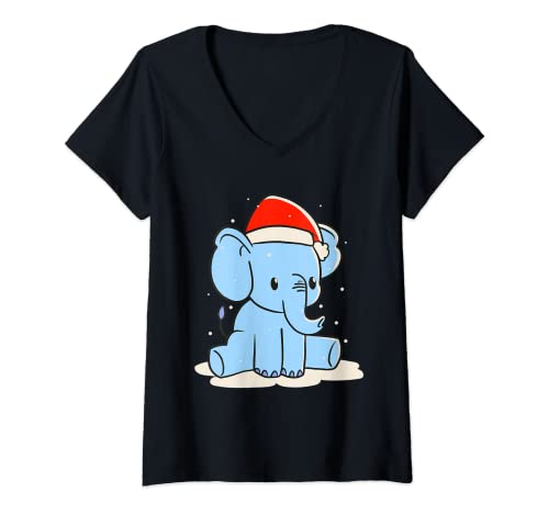 Damen Baby Elefant Im Schnee Mit Weihnachtsmütze Rüsseltier T-Shirt mit V-Ausschnitt Damen Baby Elefant Im Schnee Mit Weihnachtsmütze Rüsseltier T-Shirt mit V-Ausschnitt von Geschenkidee Für Rüsseltier Liebhaber