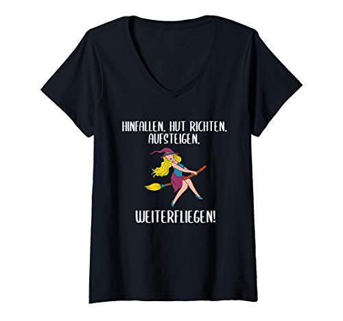 Damen Lustiger Hexenspruch Hexe Humor Zauberin Besen Katze Fun T-Shirt mit V-Ausschnitt von Geschenkidee Hexenfreundin Hexenfrau Witzig