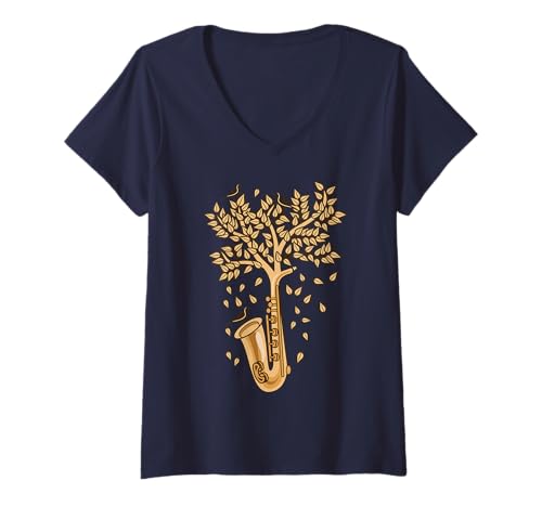 Damen Saxophon Baum für Saxophonspieler T-Shirt mit V-Ausschnitt Damen Saxophon Baum für Saxophonspieler T-Shirt mit V-Ausschnitt von Geschenkidee Jazz Musik Motive Saxophon Spieler