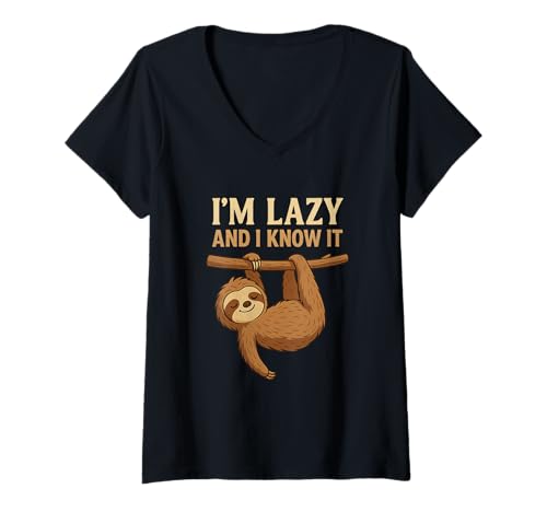 Damen Lustiges Faultier Motiv – I'm Lazy and I Know It T-Shirt mit V-Ausschnitt Damen Lustiges Faultier Motiv – I'm Lazy and I Know It T-Shirt mit V-Ausschnitt von Geschenkidee für Langschläfer & Chill-Menschen