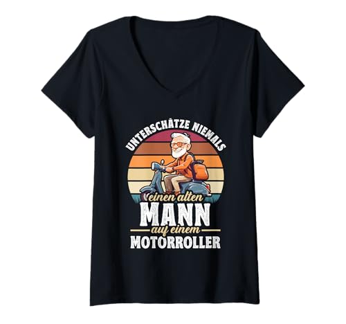 Damen Motorrollerfahrer Unterschätze Niemals einen Alten Mann T-Shirt mit V-Ausschnitt Damen Motorrollerfahrer Unterschätze Niemals einen Alten Mann T-Shirt mit V-Ausschnitt von Geschenkidee für Rollerfahrer Motorroller-Fahrer