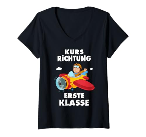 Damen Kinder Einschulung Pilot 1.Klasse Schultüte Schulanfang T-Shirt mit V-Ausschnitt von Geschenkidee zur Einschulung