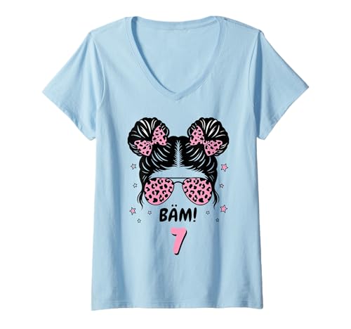 Damen BÄM 7 Geburtstag Mädchen Pink 7 Jahre 7. Geburtstag T-Shirt mit V-Ausschnitt von Geschenkideen 7. Geburtstag Mädchen