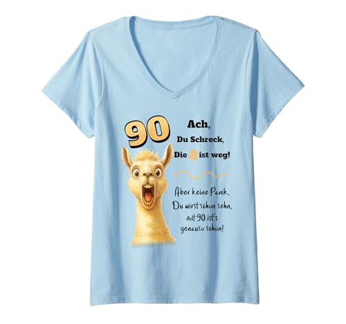 Damen Lustiges 90 Geburtstag Lama Spruch Design Neunzig T-Shirt mit V-Ausschnitt von Geschenkideen 90. Geburtstag