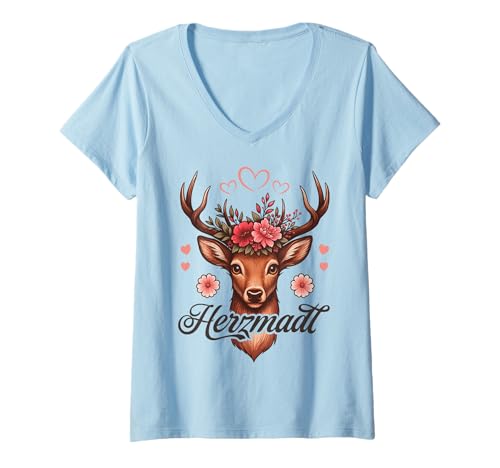 Damen Herzmadl Hirsch Blumenkranz Tracht Volksfest T-Shirt mit V-Ausschnitt Damen Herzmadl Hirsch Blumenkranz Tracht Volksfest T-Shirt mit V-Ausschnitt von Geschenkideen Für Bayerische Madln