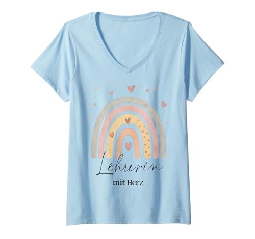 Damen Lehrerin Mit Herz Regenbogen Lehrer Schule Klassenlehrerin T-Shirt mit V-Ausschnitt von Geschenkideen Für Lehrerinnen