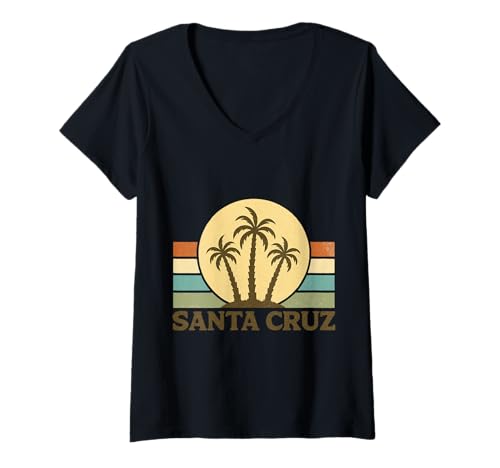 Damen Santa Cruz Vintage Palmen Retro Sunset Kalifornien T-Shirt mit V-Ausschnitt von Geschenkideen Santa Cruz & California Fans