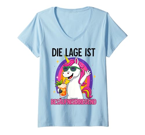 Damen Die Lage Ist Besäufniserregend Einhorn Party Spruch T-Shirt mit V-Ausschnitt Damen Die Lage Ist Besäufniserregend Einhorn Party Spruch T-Shirt mit V-Ausschnitt von Geschenkideen für Einhorn & Party Fans