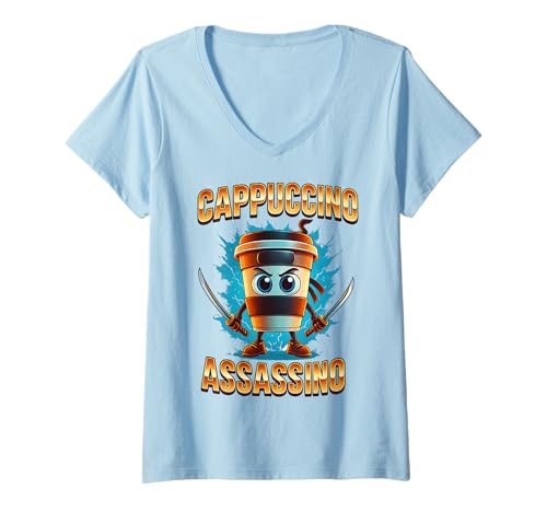 Damen Cappuccino Assassino Lustiger Kaffee Ninja Cappuccino Spruch T-Shirt mit V-Ausschnitt Damen Cappuccino Assassino Lustiger Kaffee Ninja Cappuccino Spruch T-Shirt mit V-Ausschnitt von Geschenkideen für Kaffee Fans & Morgenmuffel