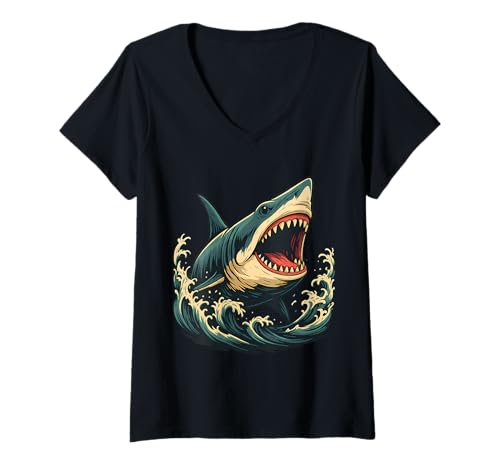 Damen Haie Haifisch Strand-Motiv Tauchen Taucher Urlaub Hai T-Shirt mit V-Ausschnitt Damen Haie Haifisch Strand-Motiv Tauchen Taucher Urlaub Hai T-Shirt mit V-Ausschnitt von Geschenkideen für Taucher und Hai-Fans