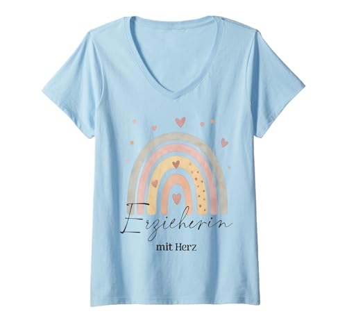 Damen Erzieherin Mit Herz Regenbogen Kita Kindergarten Tagesmutter T-Shirt mit V-Ausschnitt Damen Erzieherin Mit Herz Regenbogen Kita Kindergarten Tagesmutter T-Shirt mit V-Ausschnitt von Geschenkideen für herzliche Erzieherinnen