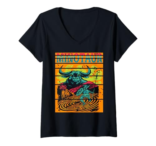 Damen Minotaurus Labyrinth Kampf Held Antiker Stier T-Shirt mit V-Ausschnitt Damen Minotaurus Labyrinth Kampf Held Antiker Stier T-Shirt mit V-Ausschnitt von Geschichte Heldensage Fan Klassischer Mythos
