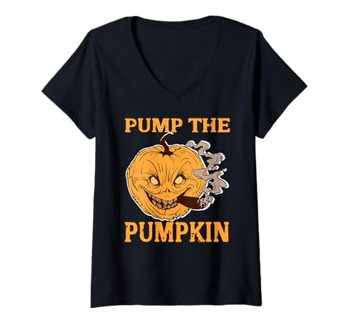 Damen Kürbisfratze mit rauchigem Lächeln und bösem Blick T-Shirt mit V-Ausschnitt Damen Kürbisfratze mit rauchigem Lächeln und bösem Blick T-Shirt mit V-Ausschnitt von Geschnitzter Kürbis Halloween Gesicht Grimasse