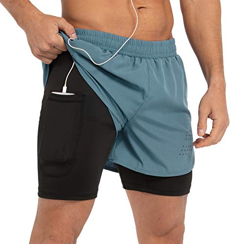 Gesean Herren 2-in-1 Workout Laufshorts 12,7 cm Leichte Gym Training Sport Shorts mit Handytaschen, Arona Blue, XL von Gesean