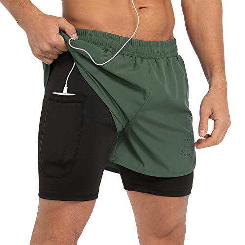 Gesean Herren 2-in-1 Workout Laufshorts 12,7 cm Leichte Gym Training Sport Shorts mit Handytaschen, Grün (Army Green), XL von Gesean