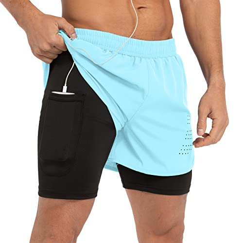 Gesean Herren 2-in-1 Workout Laufshorts 12,7 cm Leichte Gym Training Sport Shorts mit Handytaschen, Hell, blau, Groß von Gesean