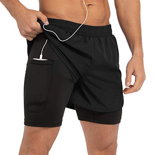 Gesean Herren 2-in-1 Workout Laufshorts 12,7 cm Leichte Gym Training Sport Shorts mit Handytaschen, Schwarz, Groß von Gesean