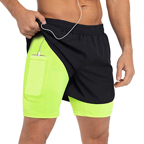 Gesean Herren 2-in-1 Workout Laufshorts 12,7 cm Leichte Gym Training Sport Shorts mit Handytaschen, Schwarz/Fluoreszenz, XL von Gesean