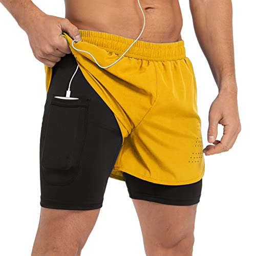 Gesean Herren 2-in-1 Workout Laufshorts 12,7 cm Leichte Gym Training Sport Shorts mit Handytaschen, gelb, Groß von Gesean