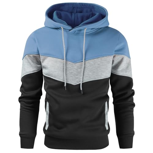 Gesean Herren-Kapuzenpullover mit Farbblock, Fleece, langärmelig, lässig, Sweatshirt mit Tasche, Blau Grau Schwarz, Medium von Gesean