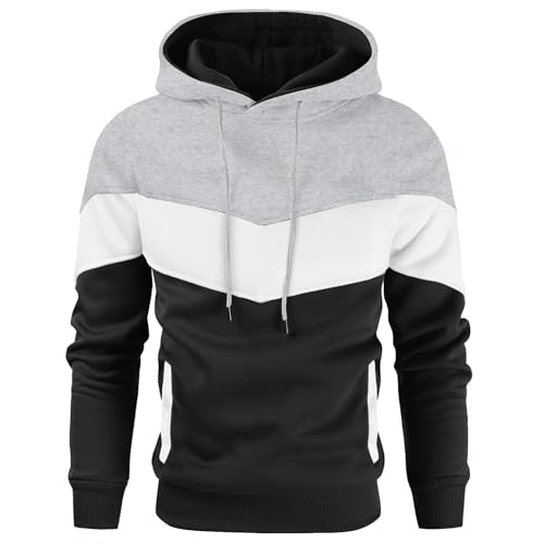 Gesean Herren Neuheit Farbblock Pullover Fleece Hoodie Langarm Casual Sweatshirt mit Tasche, Grau Weiß Schwarz, Large von Gesean