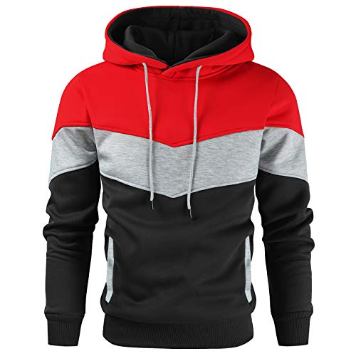 Gesean Herren Neuheit Farbblock Pullover Fleece Hoodie Langarm Casual Sweatshirt mit Tasche, Rot, schwarz, Small von Gesean