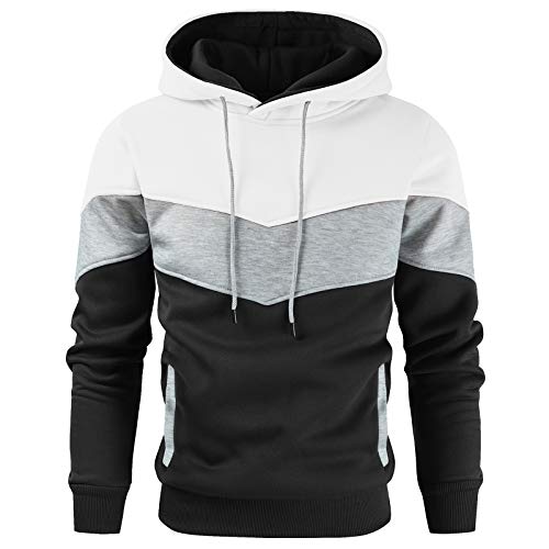 Gesean Herren Neuheit Farbblock Pullover Fleece Hoodie Langarm Casual Sweatshirt mit Tasche, Weiß, Schwarz, Medium von Gesean