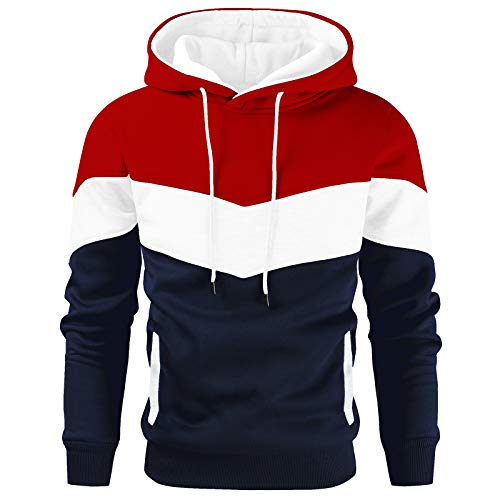 Gesean Herren-Kapuzenpullover mit Farbblock, Fleece, langärmelig, lässig, Sweatshirt mit Tasche, rot / weiß / blau, Large von Gesean