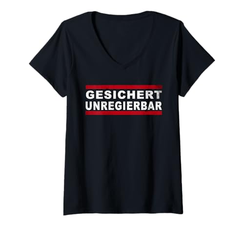 Damen Gesichert Unregierbar Statement Parodie Meme T-Shirt mit V-Ausschnitt von Gesichert Unregierbar Statement Parodie Ironie Fun