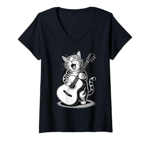 Damen Lustige Katze Gitarre Akustik Musiker Animal Humor Cat T-Shirt mit V-Ausschnitt Damen Lustige Katze Gitarre Akustik Musiker Animal Humor Cat T-Shirt mit V-Ausschnitt von Gestreifte Fröhliche Katze Musik Art Für