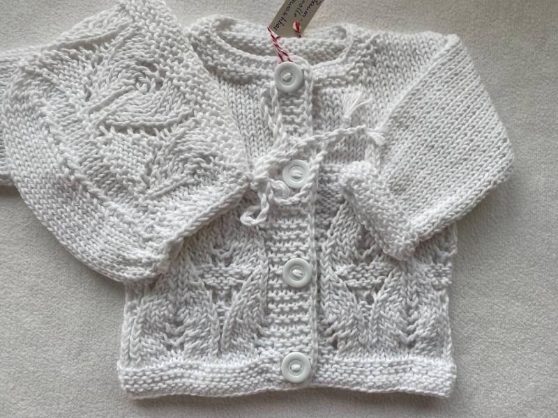 Babyset Gr.50/56 in Weiß Aus Reiner Baumwolle Mit Lochmuster Handgestrickt von Gestricktes