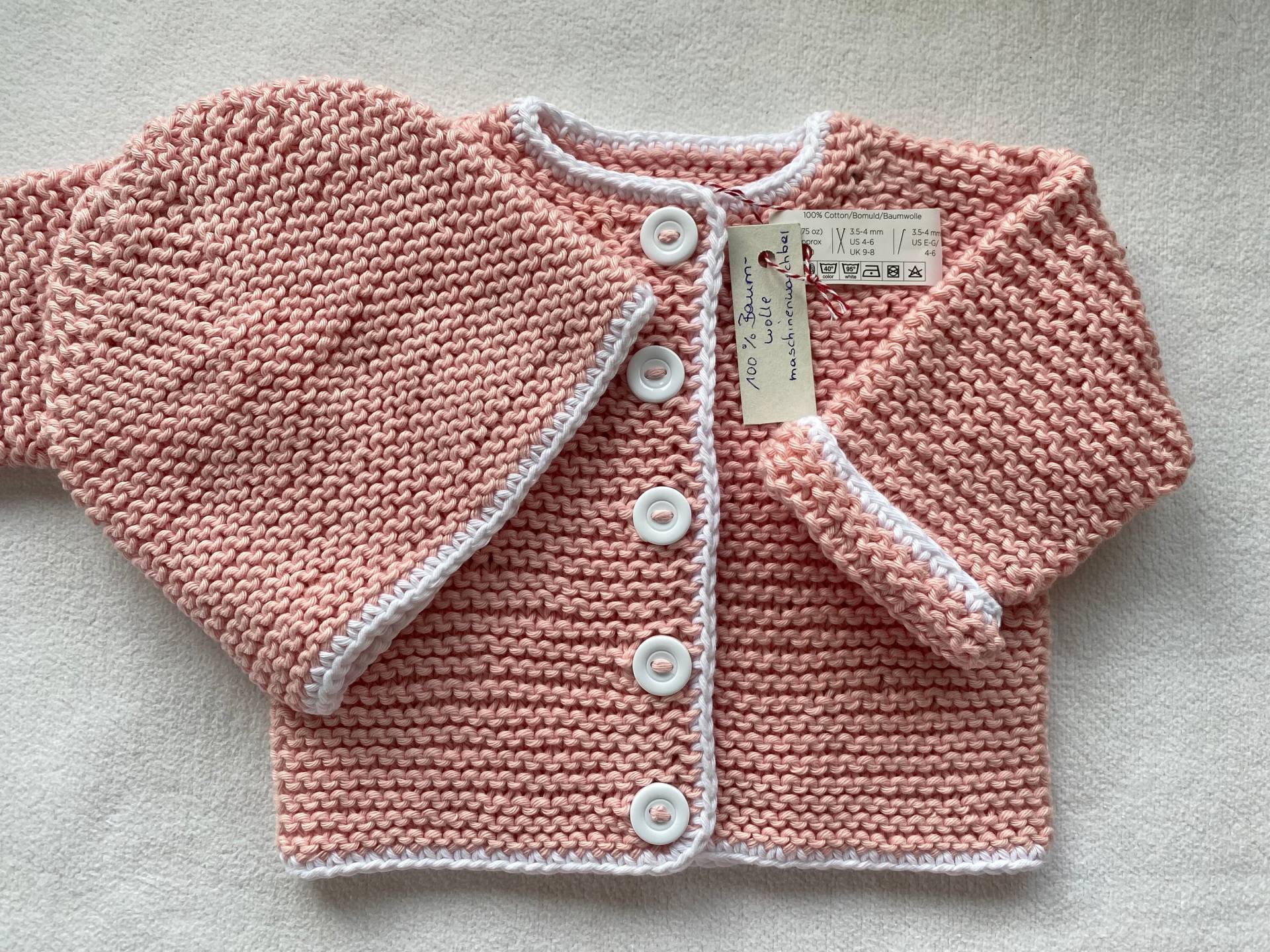 Babyset Gr.56/62 in Rosa Mit Weißem Rand , Bestehend Aus Babyjacke Und Babymütze Reiner Baumwolle Handgestrickt von Gestricktes