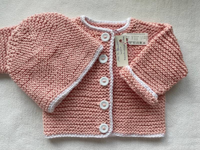 Babyset Gr.56/62 in Rosa Mit Weißem Rand , Bestehend Aus Babyjacke Und Babymütze Reiner Baumwolle Handgestrickt von Gestricktes